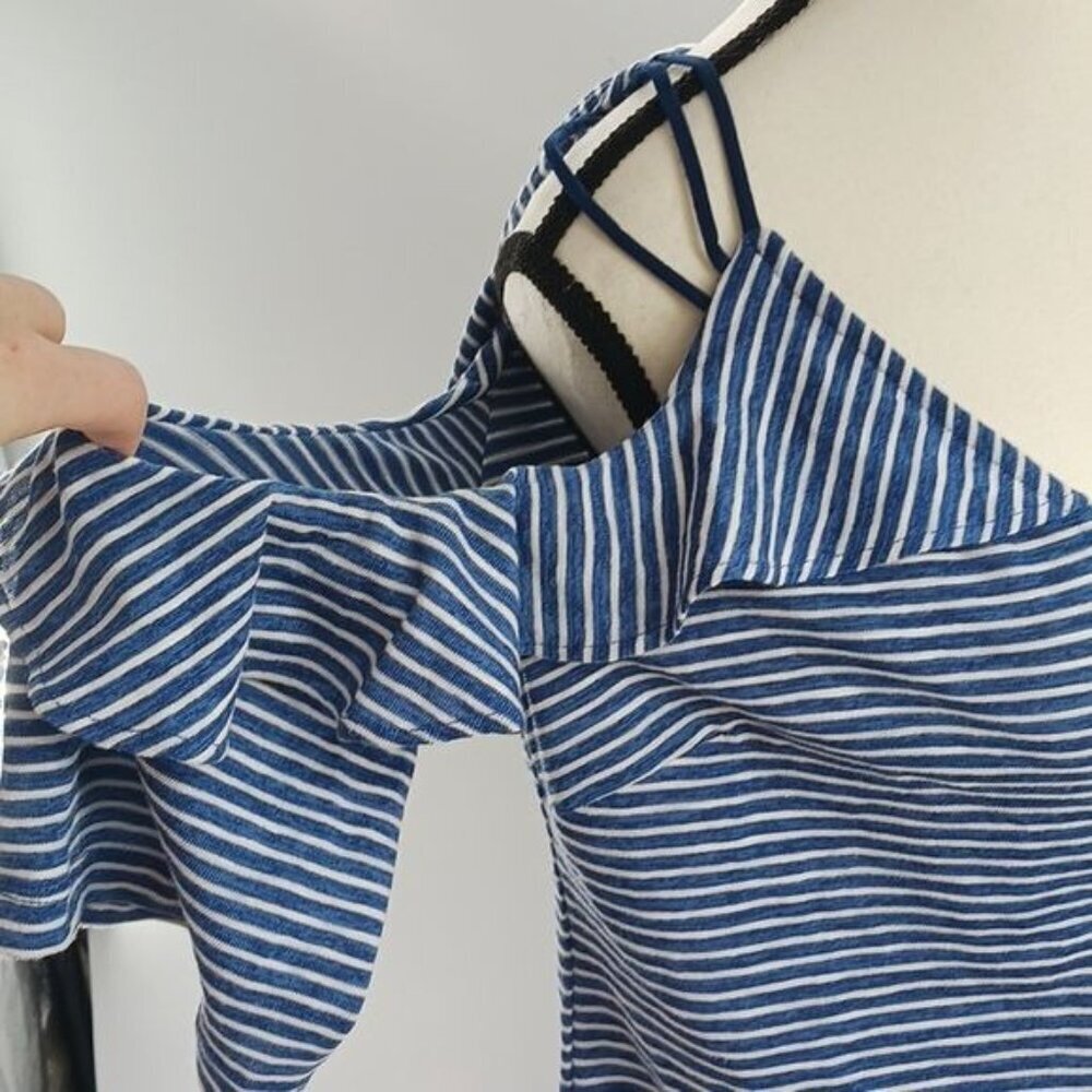 Lucky Brand Womens XS Blue White Stripe Cold Shoulder Ruffle Top Summer Casual - Picture 4 of 8